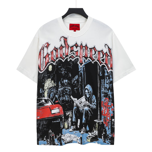 Camiseta blanca lavada estilo street vintage para hombre (estampado artesanal) 5120