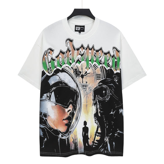 Camiseta blanca lavada estilo street vintage para hombre (estampado artesanal) 5128