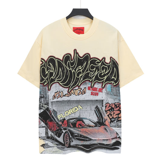 Camiseta beige lavada vintage para hombre (estampado artesanal) 5139