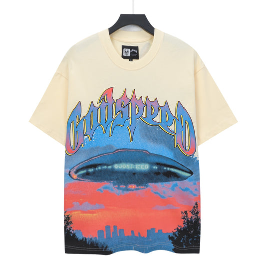 Camiseta beige lavada vintage para hombre (estampado artesanal) 5140