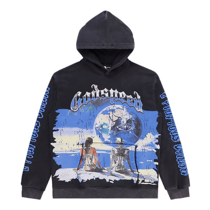 Sudadera con capucha lavada estilo street vintage en negro y beige para hombre (estampado artesanal) 5517