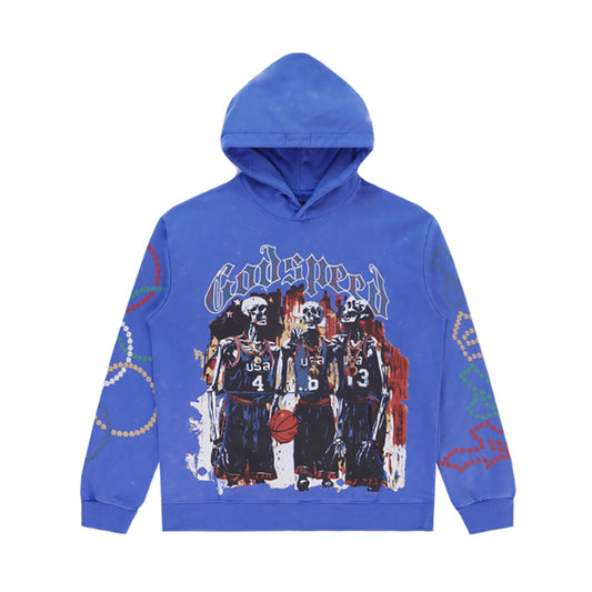 Sudadera con capucha lavada estilo urbano en negro y azul para hombre (estampado artesanal) 5520