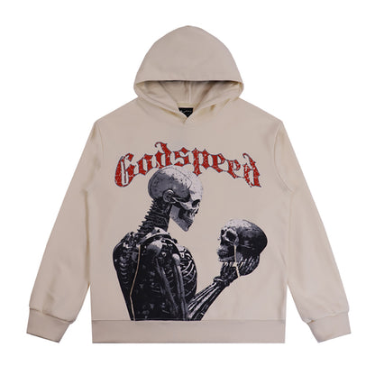 Sudadera con capucha lavada estilo street vintage en beige y negro para hombre (estampado artesanal) 5523