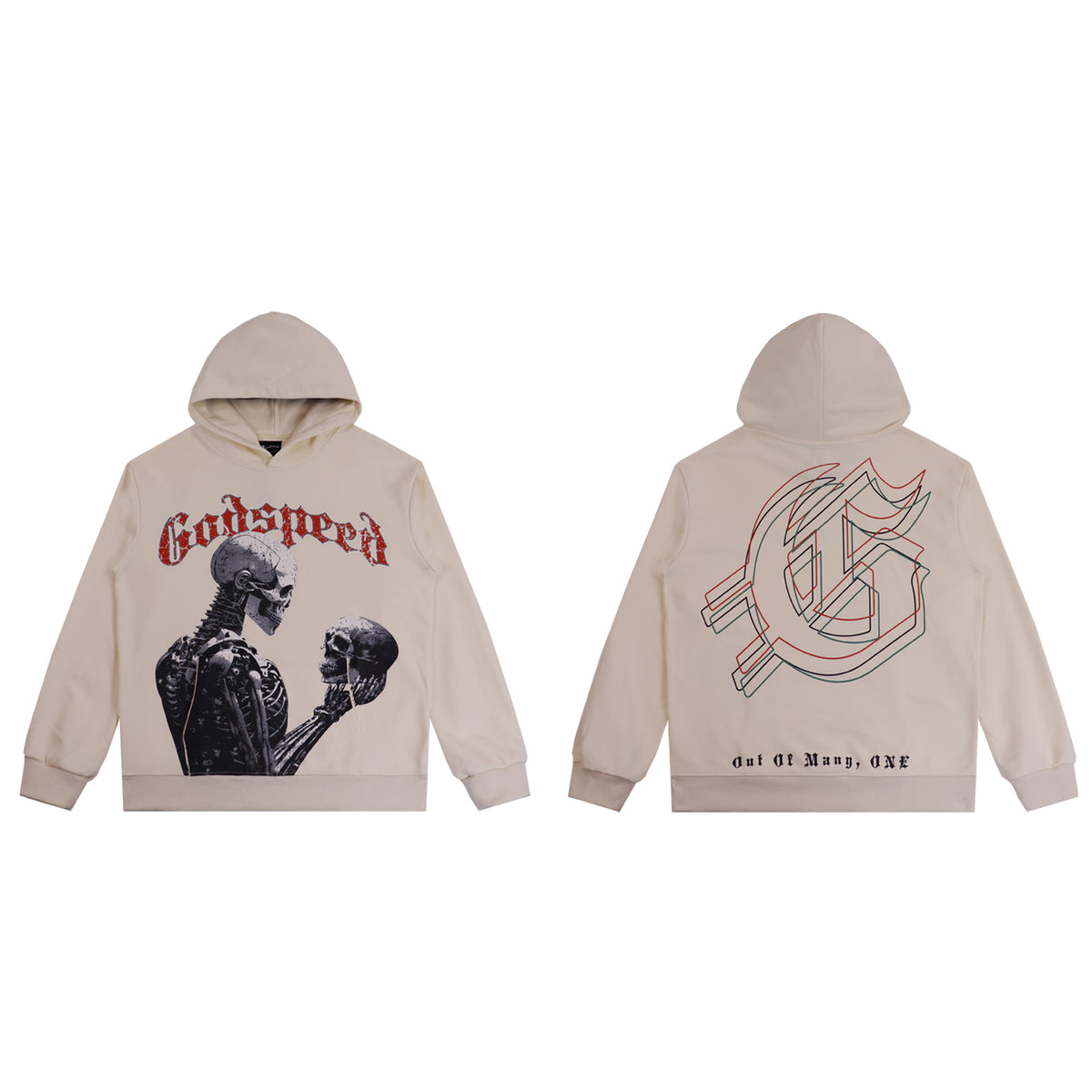 Sudadera con capucha lavada estilo street vintage en beige y negro para hombre (estampado artesanal) 5523