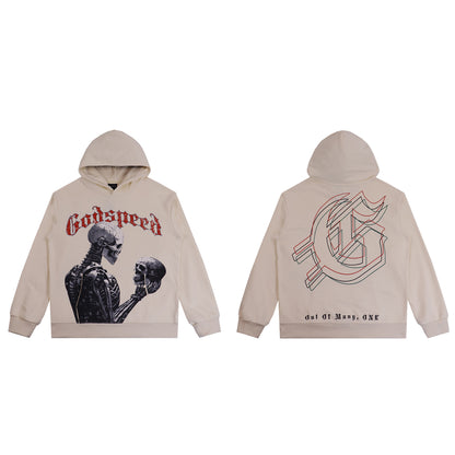 Sudadera con capucha lavada estilo street vintage en beige y negro para hombre (estampado artesanal) 5523