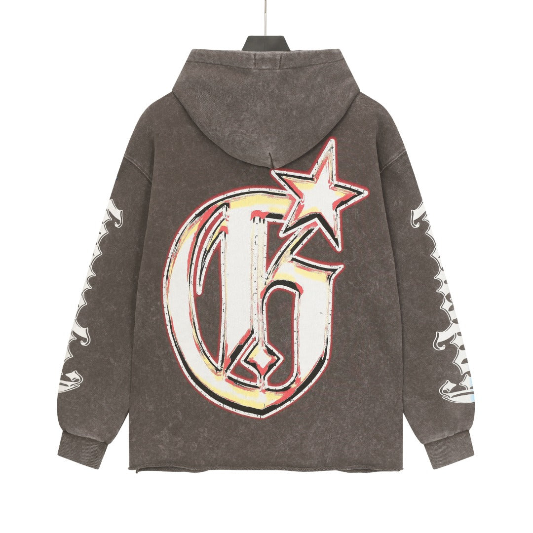 Sweat à capuche homme noir, café et gris style vintage délavé (impression artisanale) 6853