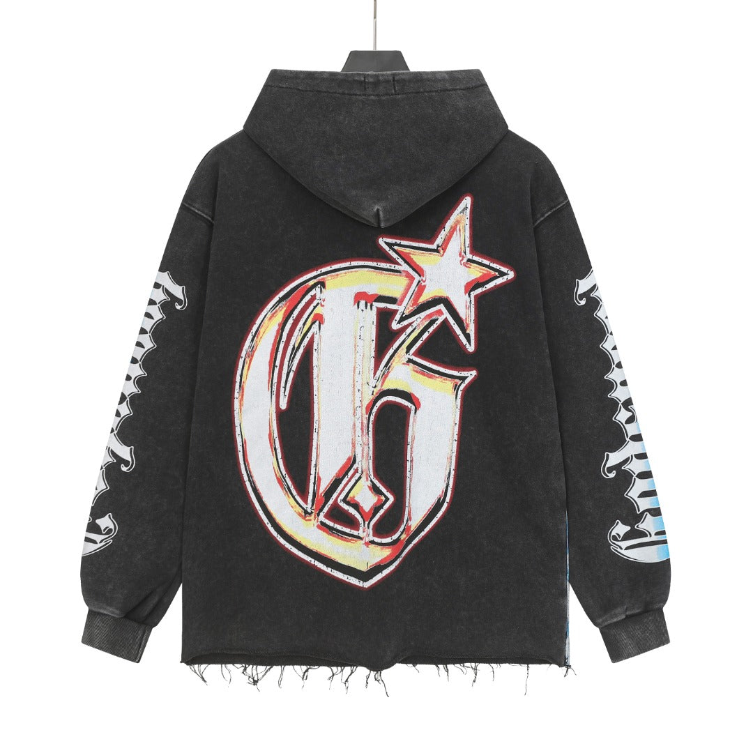 Sweat à capuche homme noir, café et gris style vintage délavé (impression artisanale) 6853
