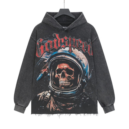 Sudadera con capucha lavada estilo street vintage en negro y beige para hombre (estampado artesanal) 6856