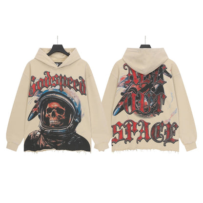 Sudadera con capucha lavada estilo street vintage en negro y beige para hombre (estampado artesanal) 6856