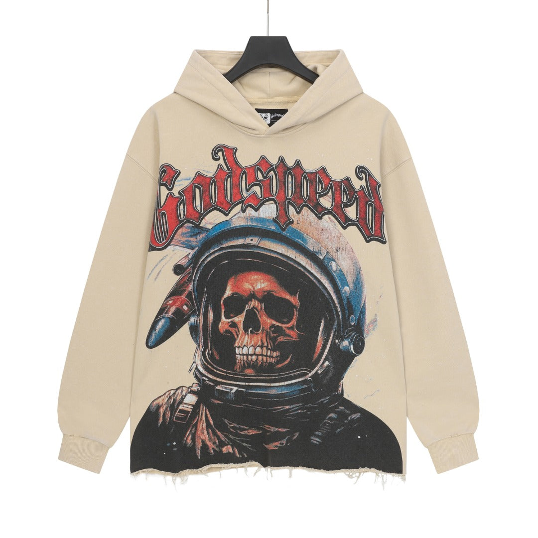 Sudadera con capucha lavada estilo street vintage en negro y beige para hombre (estampado artesanal) 6856