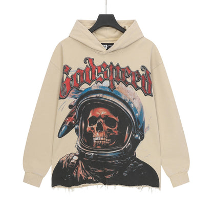 Sudadera con capucha lavada estilo street vintage en negro y beige para hombre (estampado artesanal) 6856