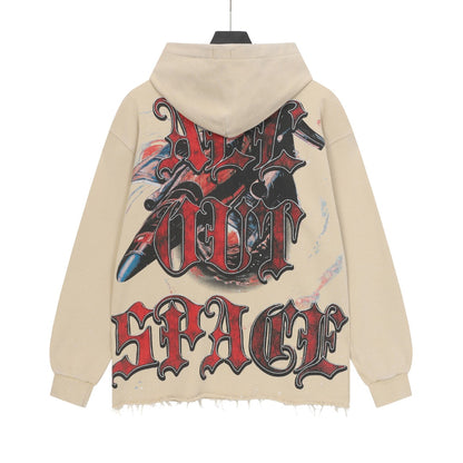 Sudadera con capucha lavada estilo street vintage en negro y beige para hombre (estampado artesanal) 6856
