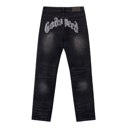 Black & Grey & Blue Loose Fit Denim Pants Streetwear Vintage Style Jeans 8211