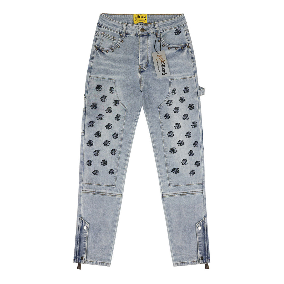 Blue & Gray & Black Loose Fit Denim Pants Streetwear Vintage Style Jeans 8239