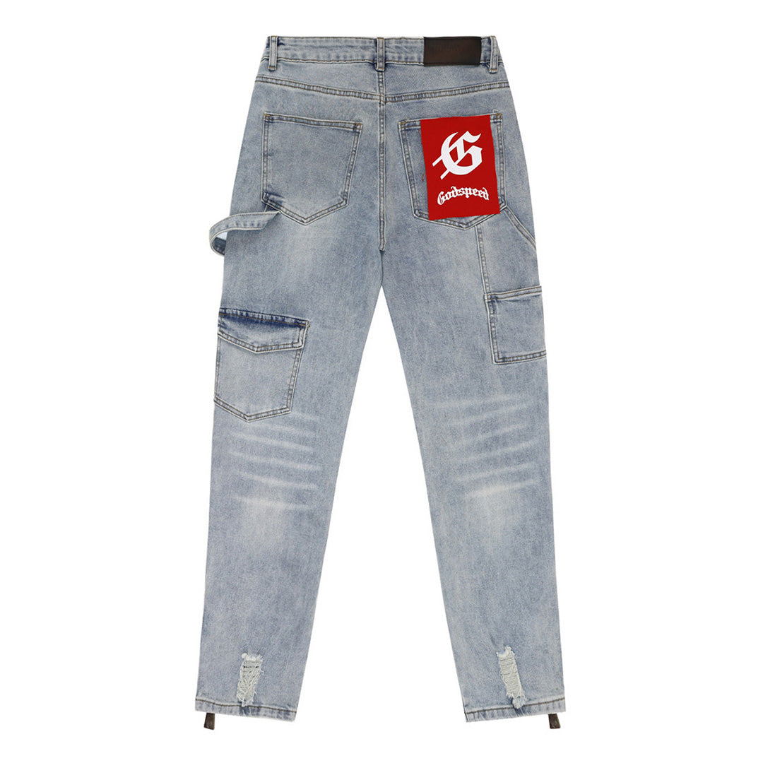 Blue & Gray & Black Loose Fit Denim Pants Streetwear Vintage Style Jeans 8239
