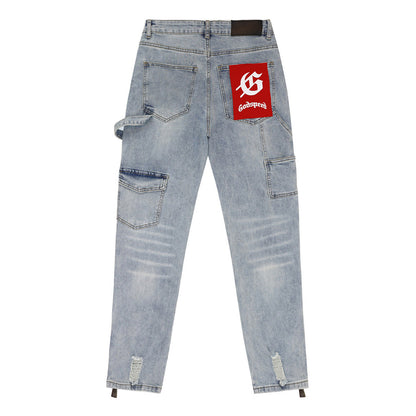 Blue & Gray & Black Loose Fit Denim Pants Streetwear Vintage Style Jeans 8239