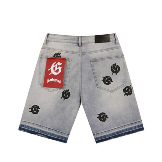 Pantalón corto vaquero holgado bordado en azul, negro y gris para hombre, estilo urbano 8660