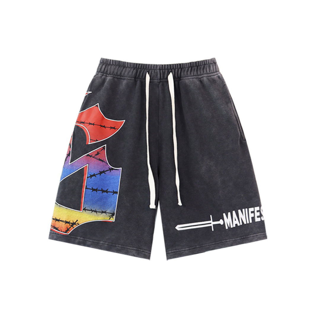 Black & Blue & Pink Washed Double Yarn Printed Shorts Vintage Streetwear Style 8775