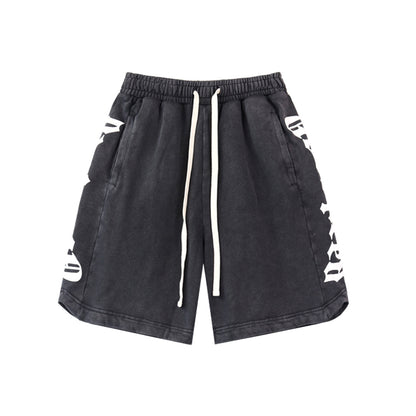 Black & Blue & Pink Washed Double Yarn Printed Shorts Vintage Streetwear Style 8779