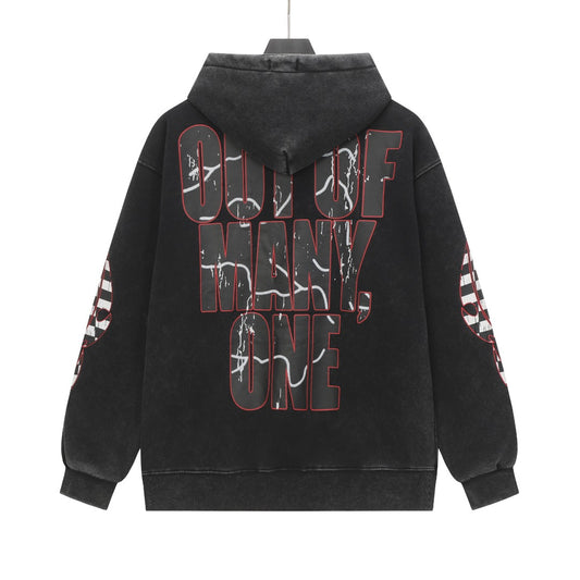 Sudadera con capucha lavada estilo urbano en negro y gris para hombre (estampado artesanal) G6601