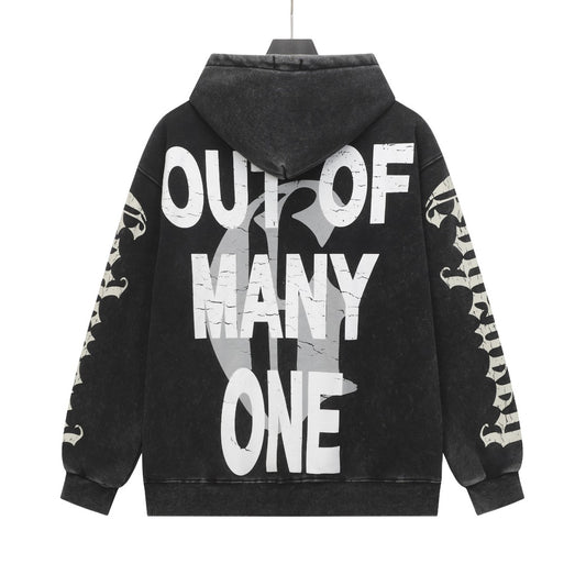 Sudadera con capucha lavada estilo urbano en negro y gris para hombre (estampado artesanal) G6602