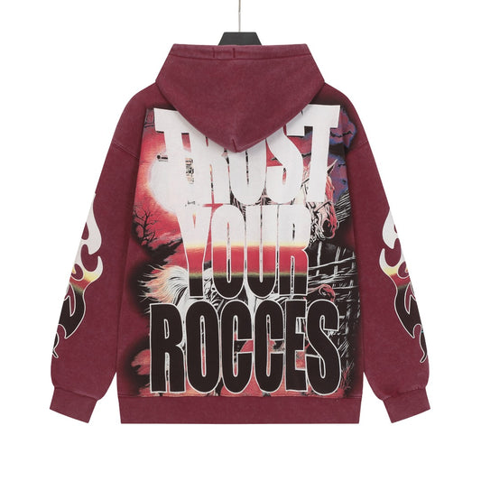 Sudadera con capucha lavada estilo street vintage en rojo y negro para hombre (estampado artesanal) G6603