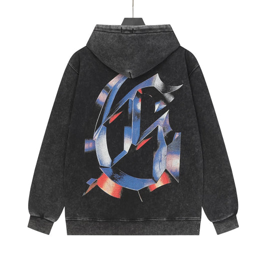 Sudadera con capucha lavada estilo urbano en negro y caqui para hombre (estampado artesanal) G6606