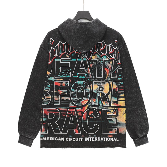Sudadera con capucha lavada estilo street vintage negra para hombre (estampado artesanal) G6801