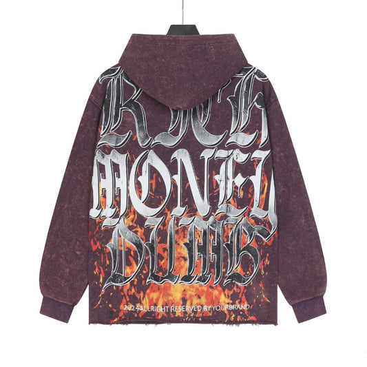 Sudadera con capucha lavada vintage de calle morada y negra para hombre (estampado artesanal) G6803