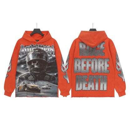 Sudadera con capucha lavada estilo street vintage en rojo y negro para hombre (estampado artesanal) G6805