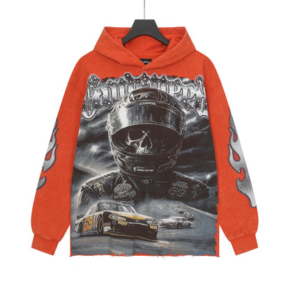 Sudadera con capucha lavada estilo street vintage en rojo y negro para hombre (estampado artesanal) G6805