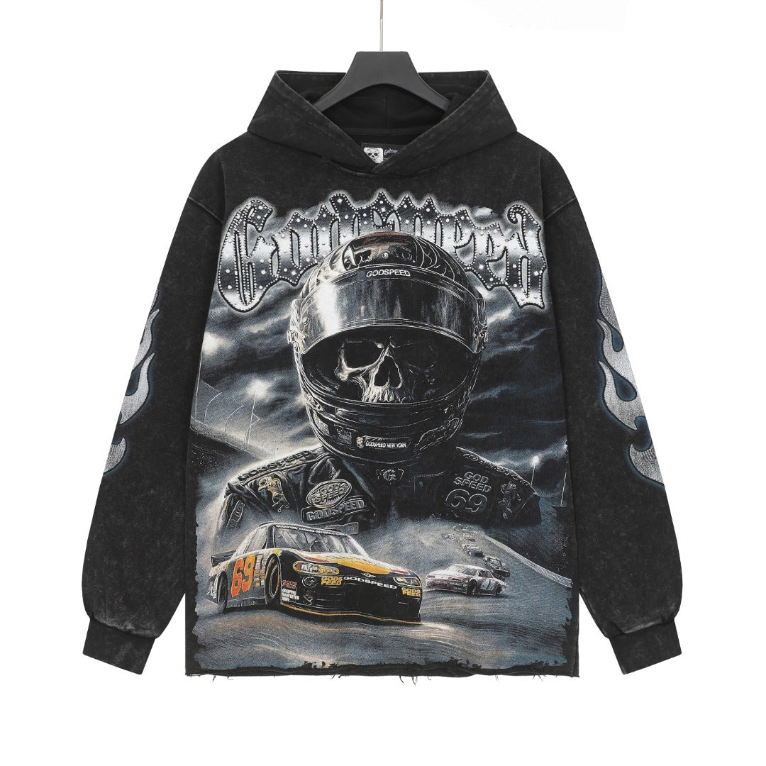 Sudadera con capucha lavada estilo street vintage en rojo y negro para hombre (estampado artesanal) G6805