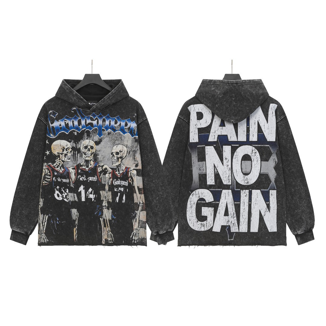 Sudadera con capucha lavada estilo street vintage negra para hombre (estampado artesanal) G6806