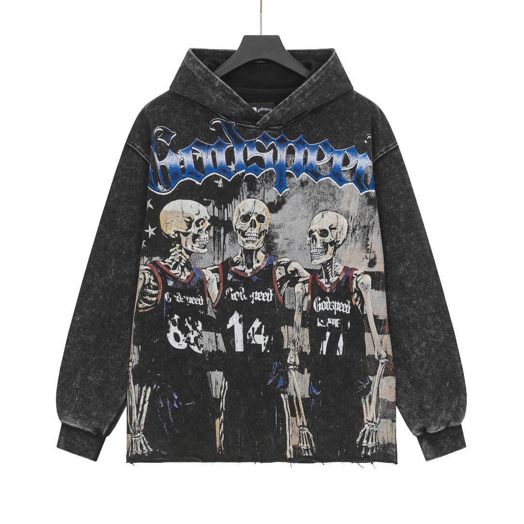 Sudadera con capucha lavada estilo street vintage negra para hombre (estampado artesanal) G6806