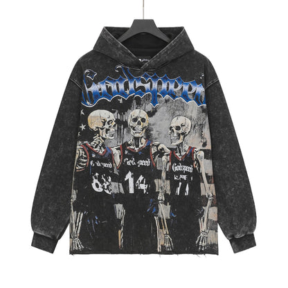 Sudadera con capucha lavada estilo street vintage negra para hombre (estampado artesanal) G6806