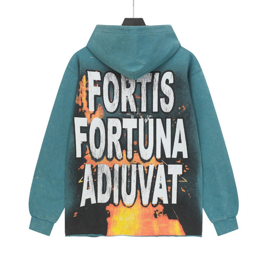 Sudadera con capucha lavada estilo urbano azul y negro para hombre (estampado artesanal) G6807