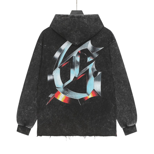 Sudadera con capucha lavada estilo street vintage negra para hombre (estampado artesanal) G6808