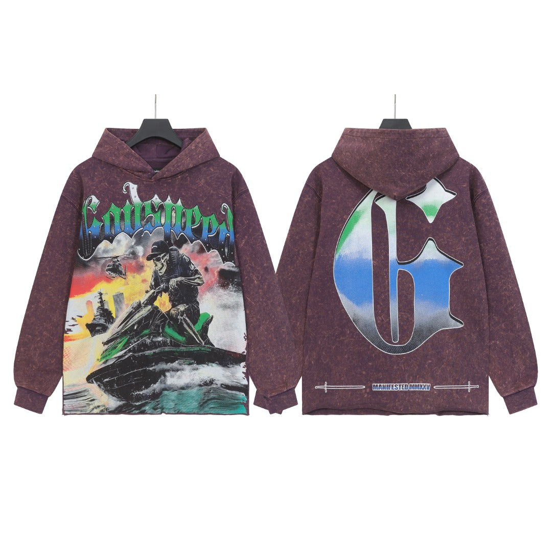 Purple & Black Street Vintage Washed Hoodie (Crafted Print) G6810