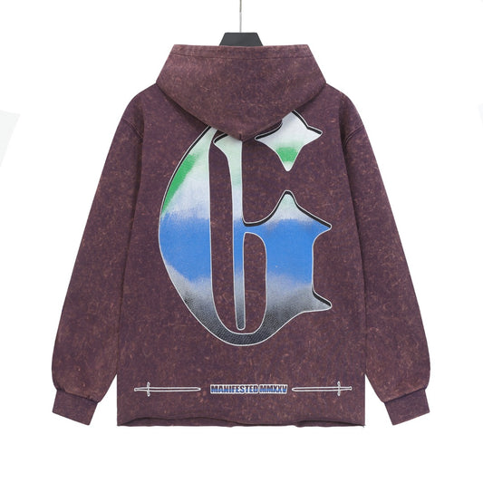 Sudadera con capucha lavada vintage de calle morada y negra para hombre (estampado artesanal) G6810