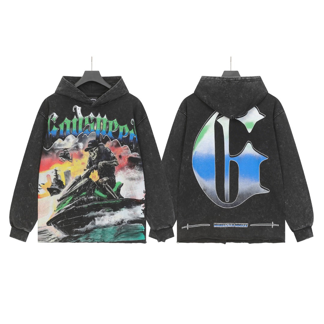 Purple & Black Street Vintage Washed Hoodie (Crafted Print) G6810