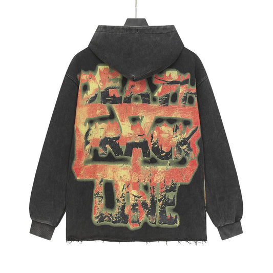 Sudadera con capucha lavada estilo urbano en negro y gris para hombre (estampado artesanal) G6851