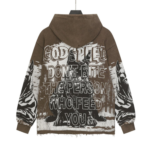 Sudadera con capucha lavada vintage Street en negro y café para hombre (estampado artesanal) G6852