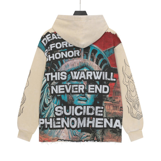 Sudadera con capucha lavada estilo street vintage en beige y negro para hombre (estampado artesanal) G6855